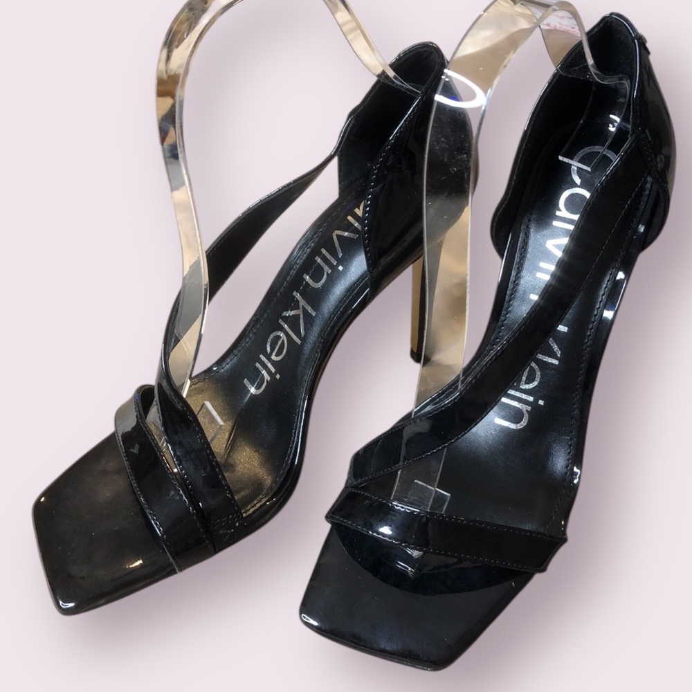 Calvin Klein Black Patent Clear-Strap Stiletto Sandals